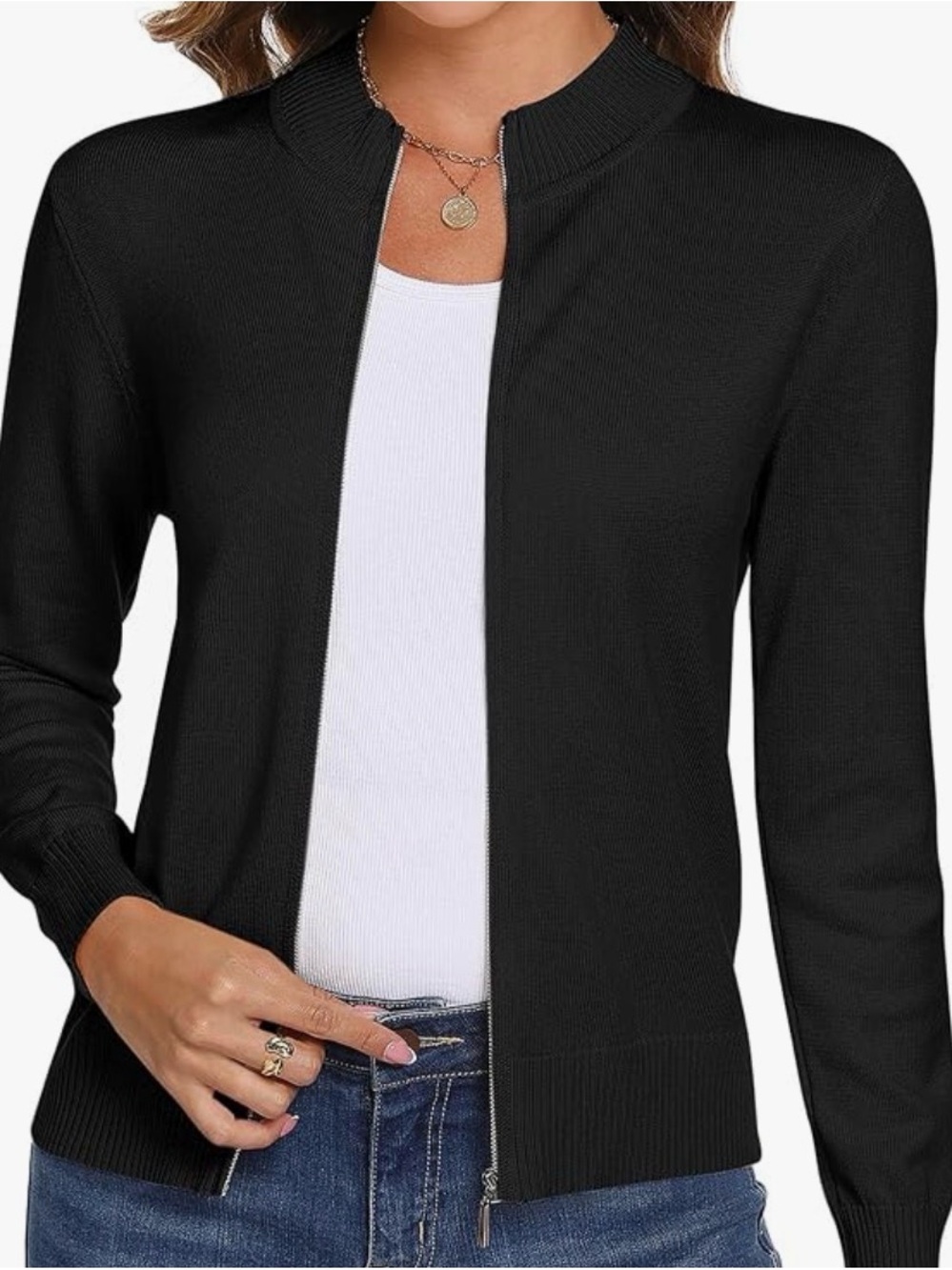 Women’s Black Zip-Front Knit Cardigan Sweater
